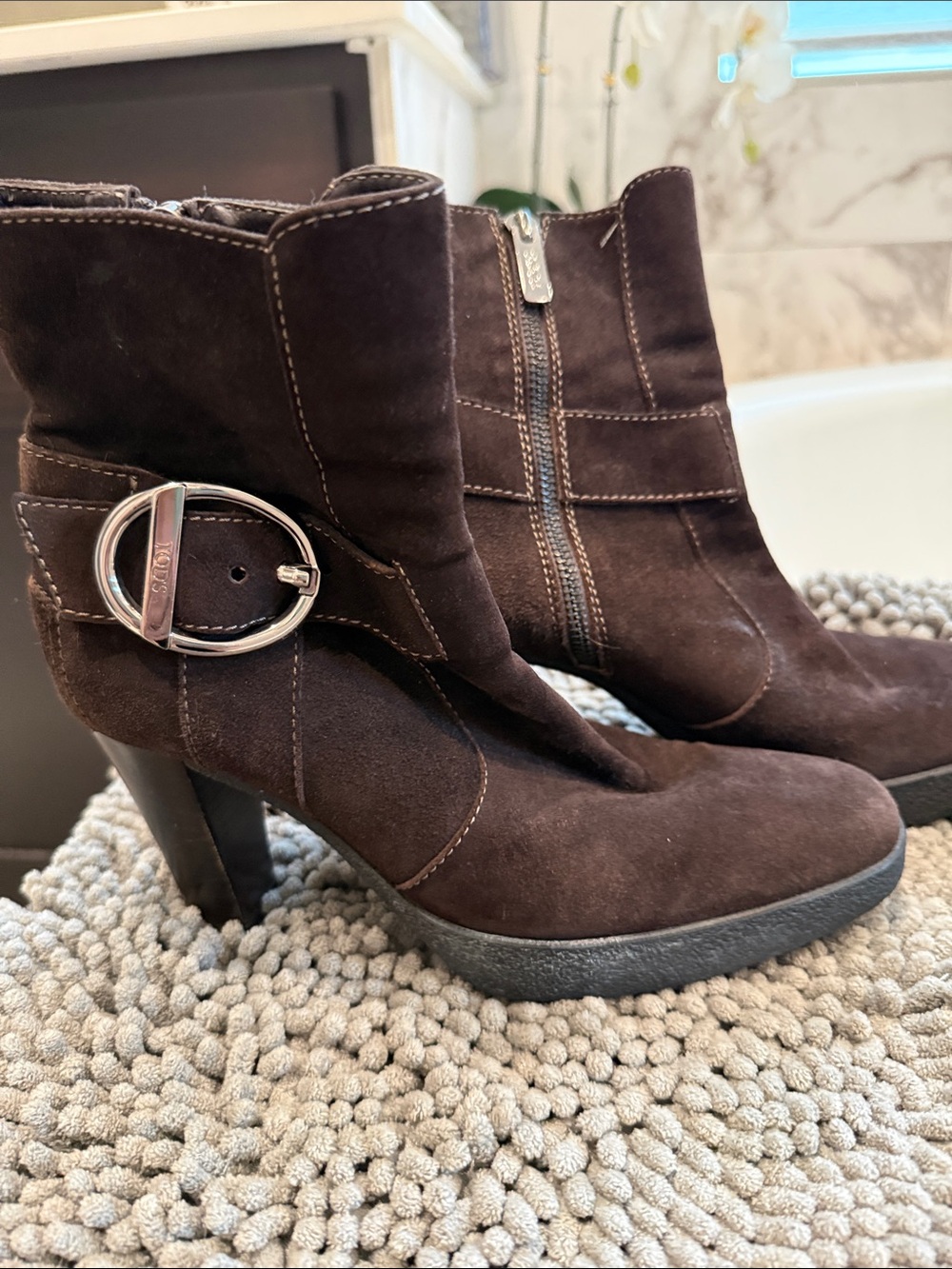 Tod's Black Suede Heeled Boots with Silver Buckle